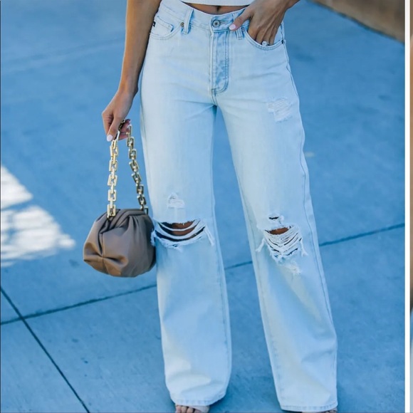 HIGH WAIST 90’s Style Light Wash Wide Leg Distressed Ripped Flare Denim Jeans - Picture 8 of 10